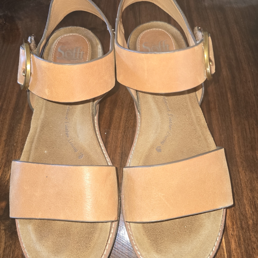 Sofft Tan Leather Two-Strap Slingback Sandals with Gold Buckle